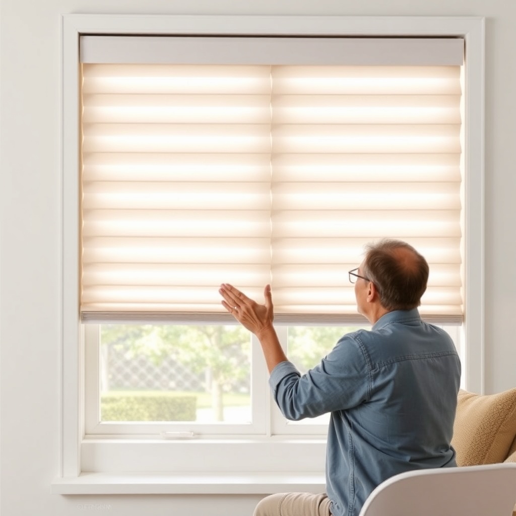 Bir kişinin yumuşak mikrofiber bezle Hunter Douglas Silhouette perdenin katmanlarını nazik