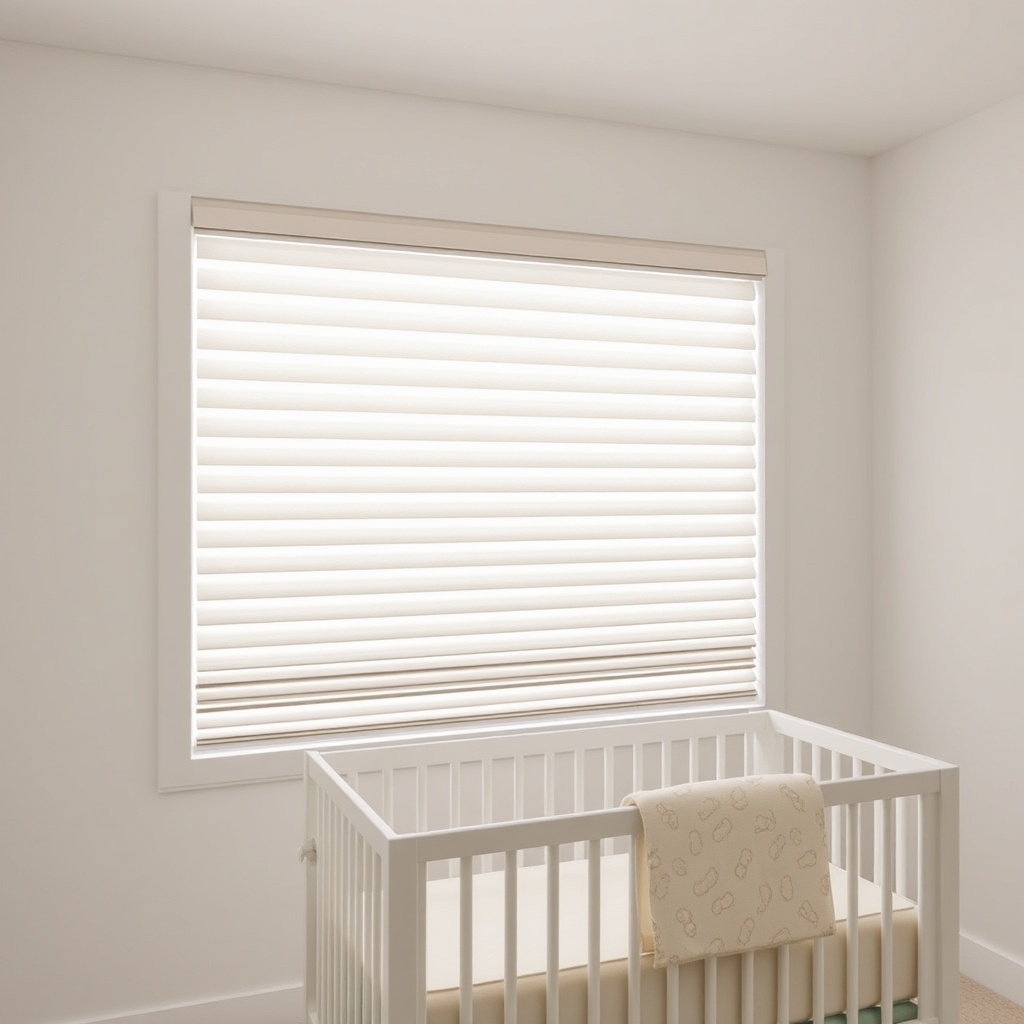 Wide shot of a child-safe nursery with Hunter Douglas Silhouette shades installed high and