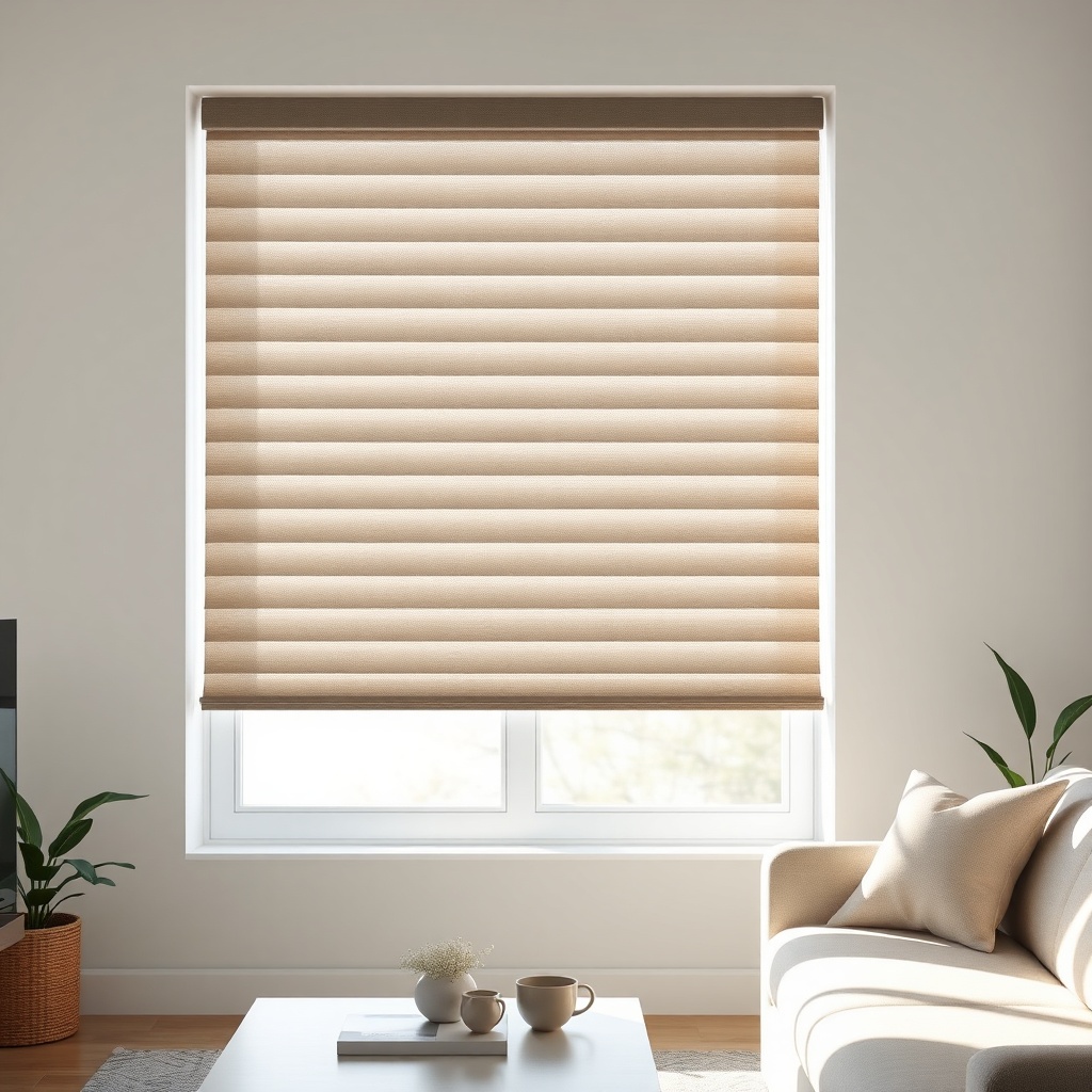 Clean photorealistic photo of a Hunter Douglas Silhouette perde in a modern living room