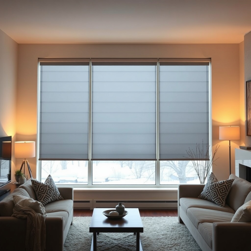 Modern living room with Hunter Douglas Silhouette shades closed during winter