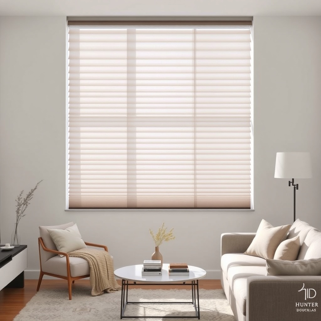 <clean photorealistic photo of a Hunter Douglas Silhouette window covering in a modern liv