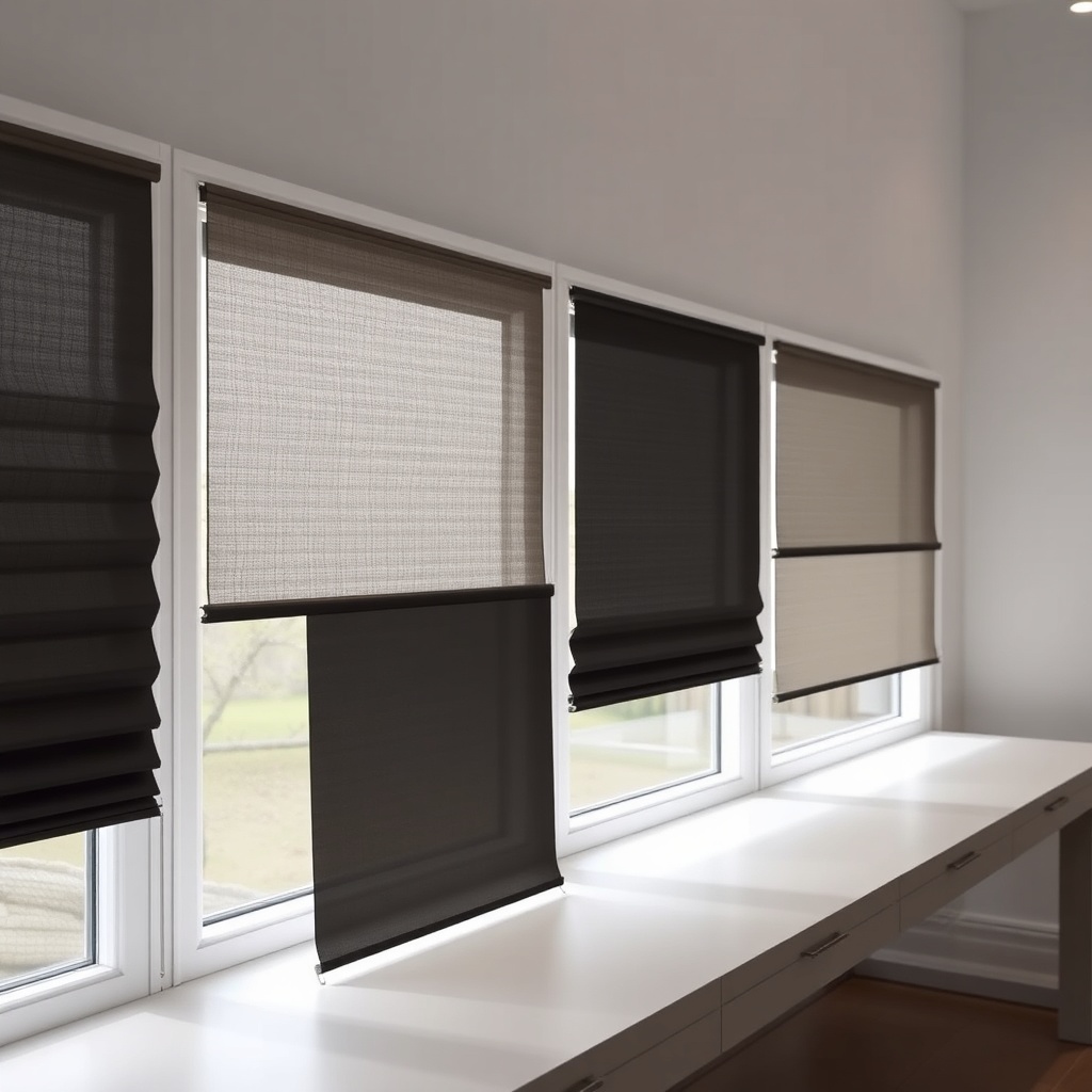 <clean photorealistic photo of different Hunter Douglas Silhouette fabric types on a displ