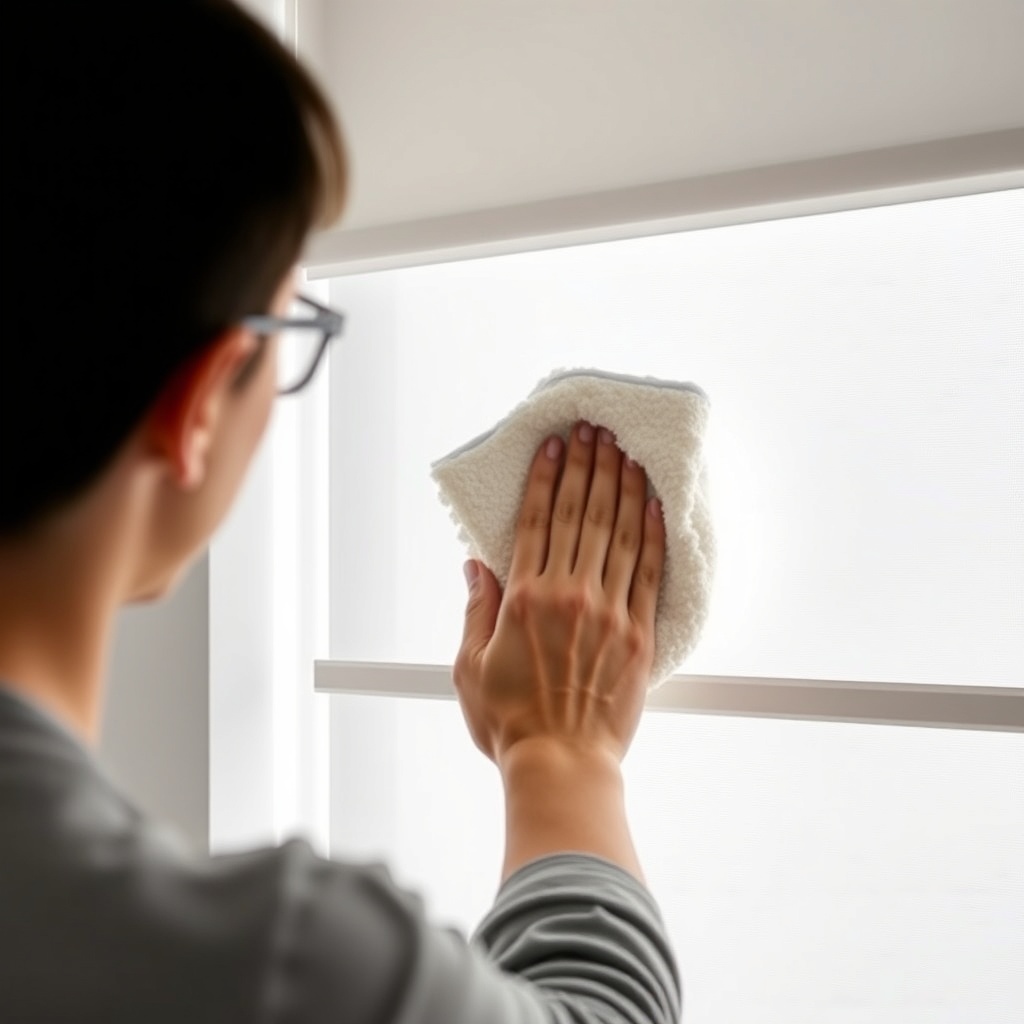 clean photorealistic photo/illustration of a person gently dusting an IKEA FYRTUR roller b