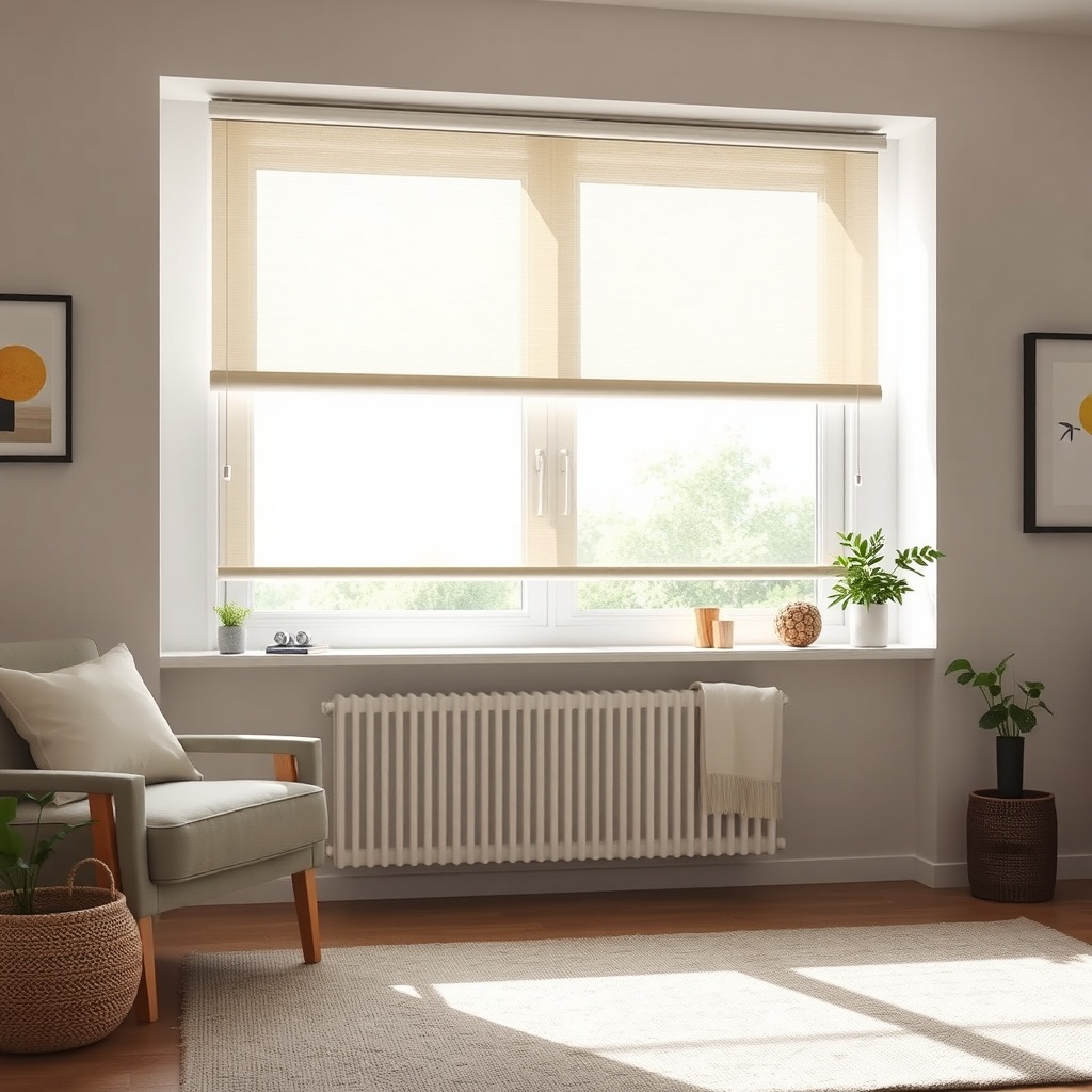 clean photorealistic photo/illustration of an IKEA FYRTUR blind fully extended in a sunlit