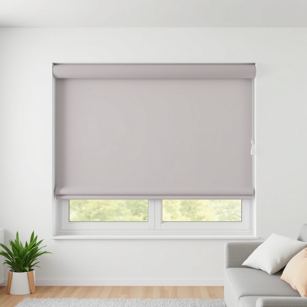 A clean photorealistic photo of an IKEA FYRTUR roller blind with a child safety lock mecha