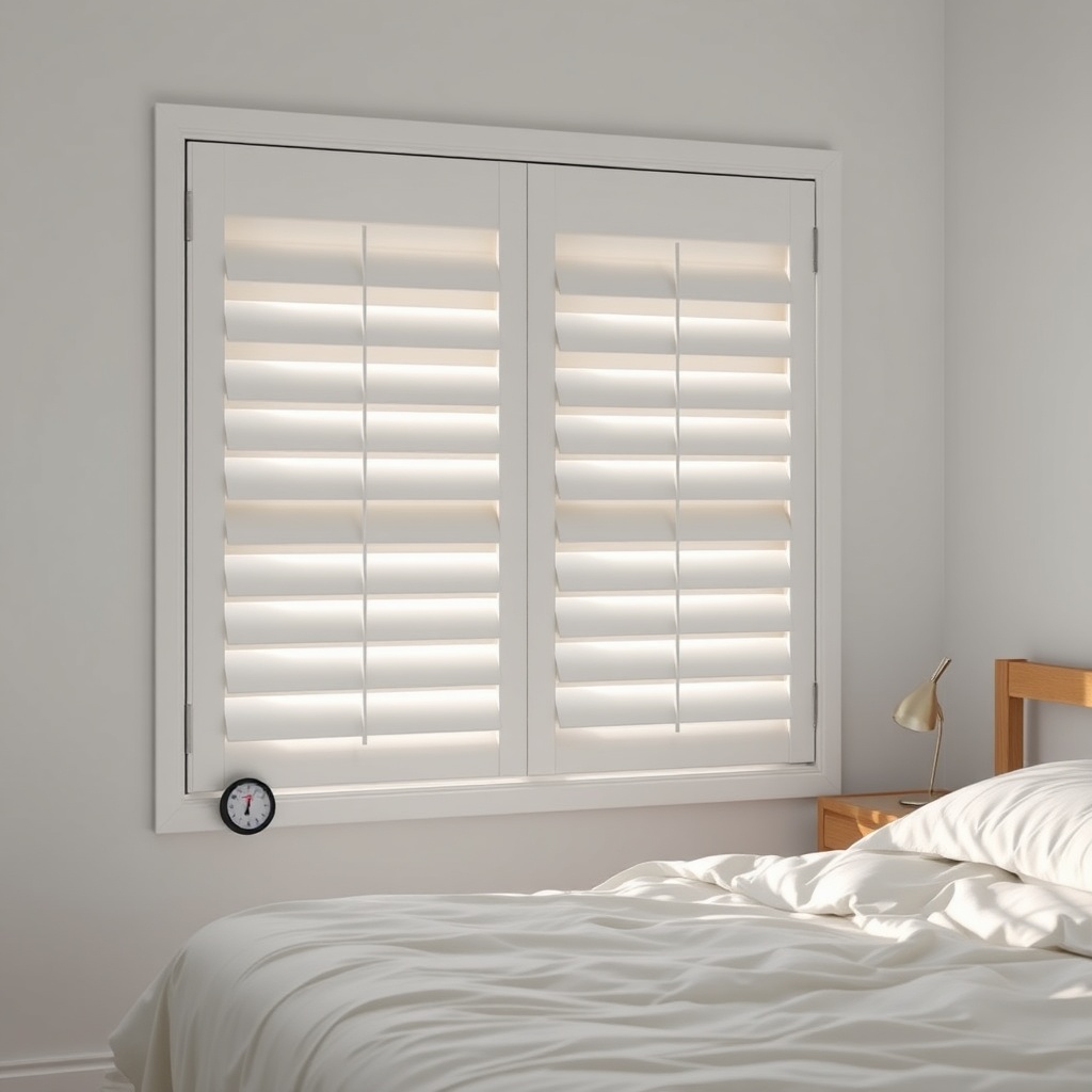 <clean photorealistic photo of a bedroom with IKEA FYRTUR half-closed