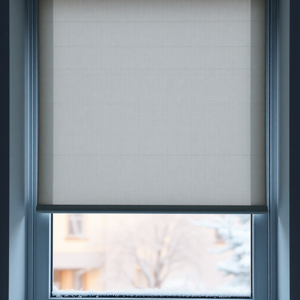 Close-up photorealistic photo of an IKEA FYRTUR roller blind fully closed over a double-gl