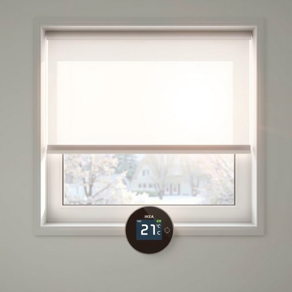 Photorealistic photo showing an IKEA FYRTUR smart blind half-open on a sunny winter mornin