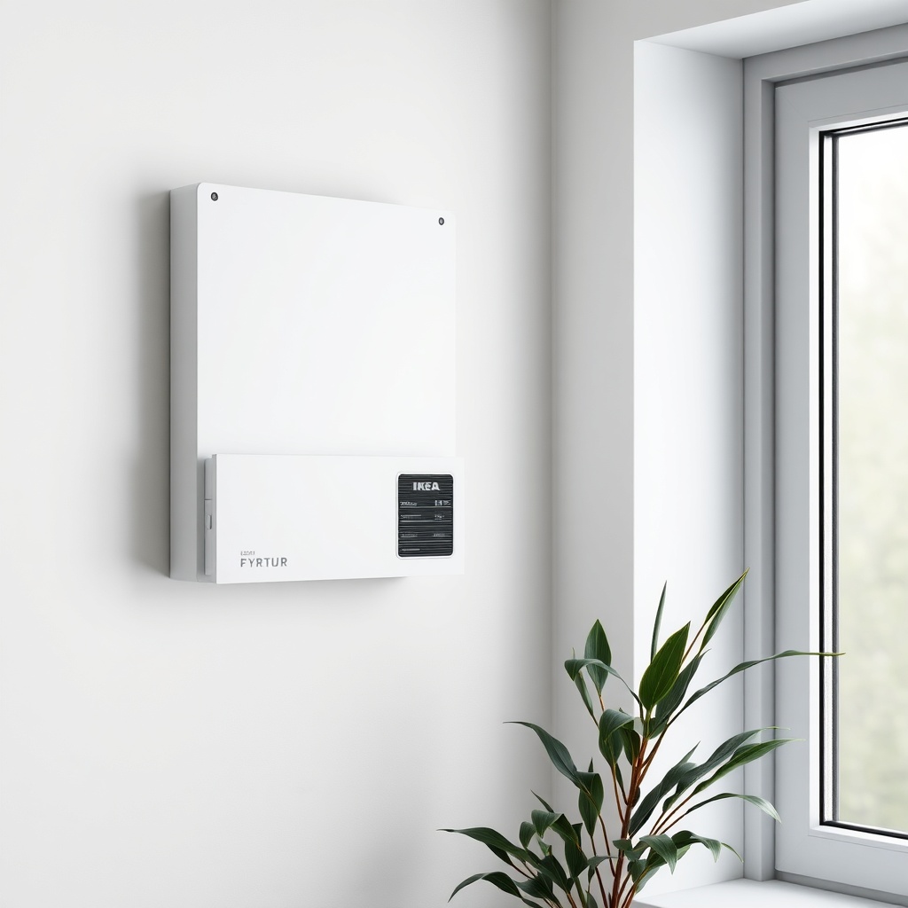 A photorealistic image of a wall-mounted IKEA FYRTUR perde with visible braketler and ray