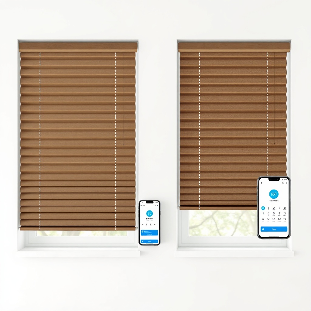 <clean photorealistic photo of two IKEA FYRTUR blinds side by side – one manual and one mo