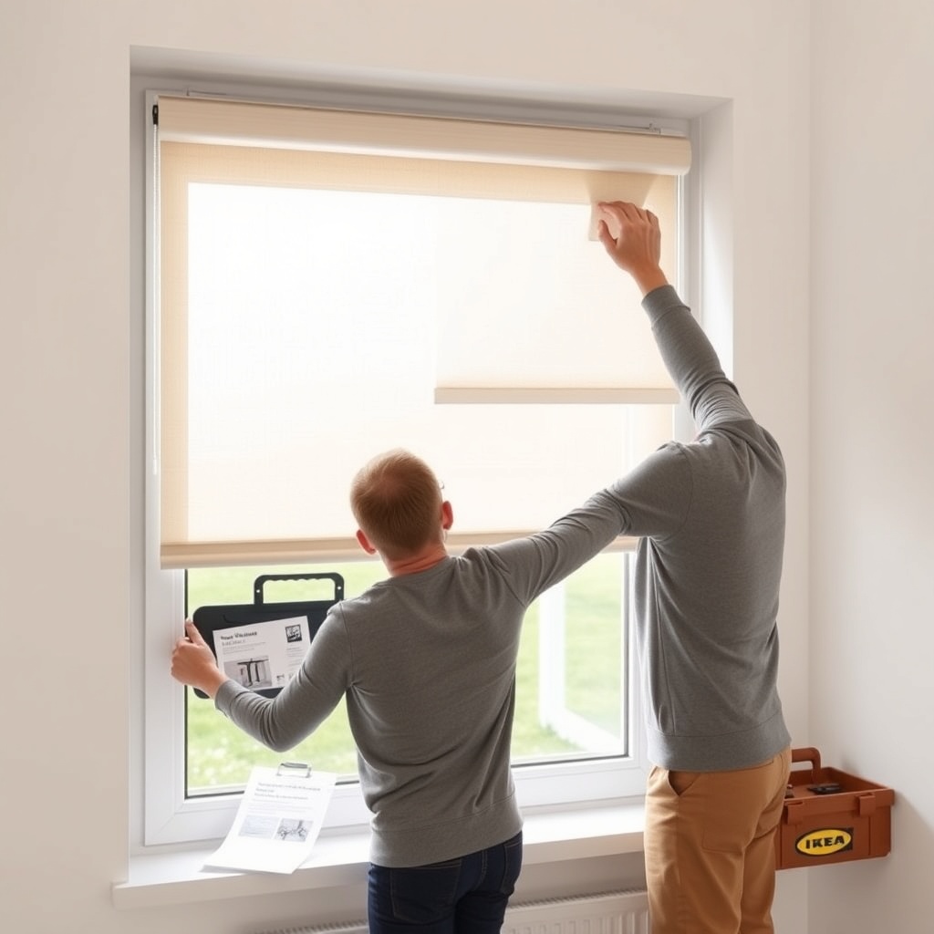 <clean photorealistic photo of a person installing IKEA FYRTUR blind on a window frame