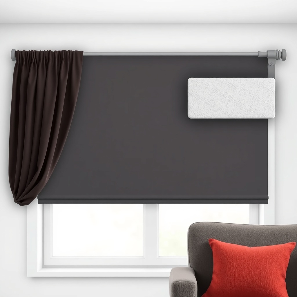 A photorealistic illustration showing the IKEA FYRTUR roller shade fully closed against a
