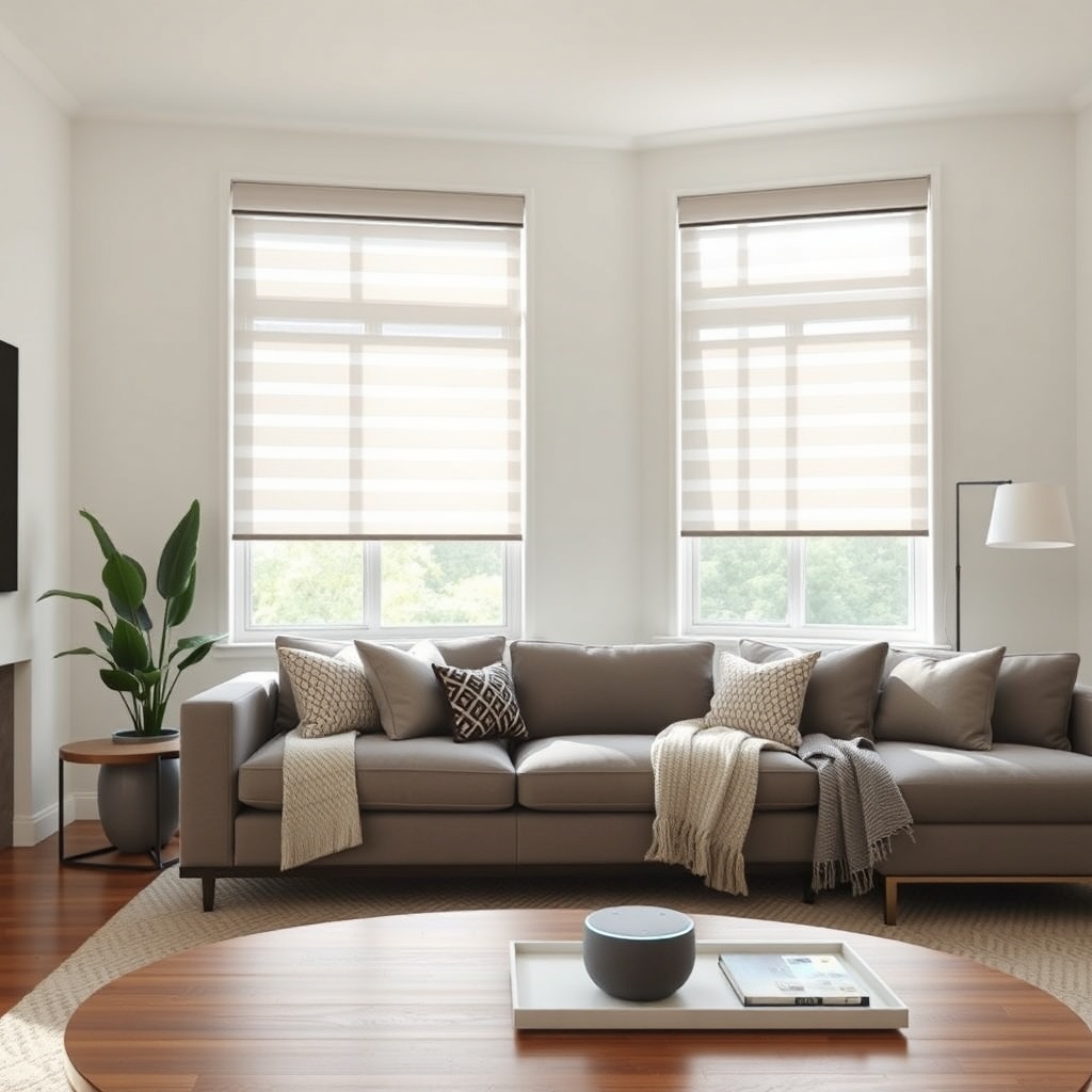 <clean photorealistic photo of a modern living room showing Hunter Douglas Silhouette shad