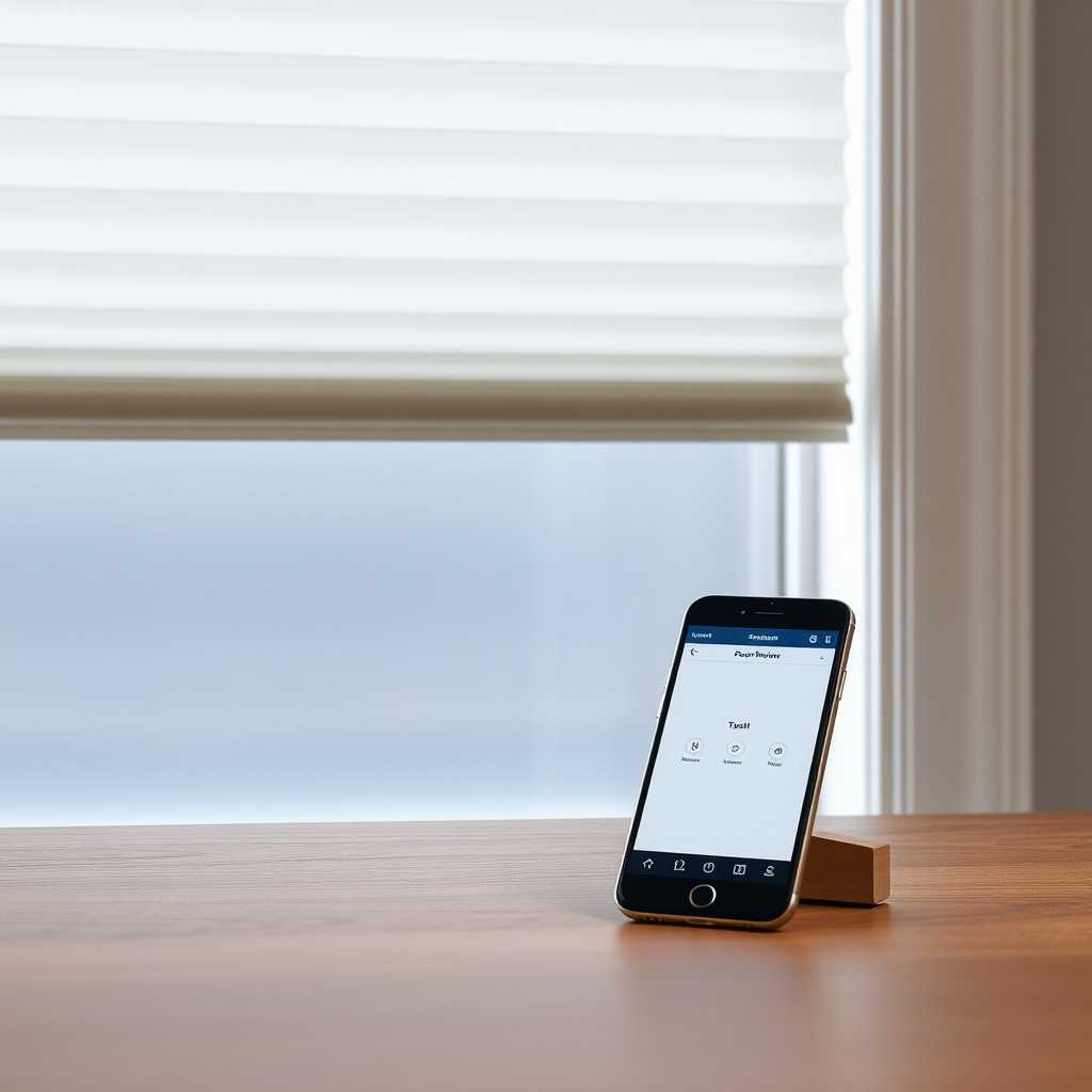 <clean photorealistic photo of a close-up of a Hunter Douglas Silhouette shade with a smar