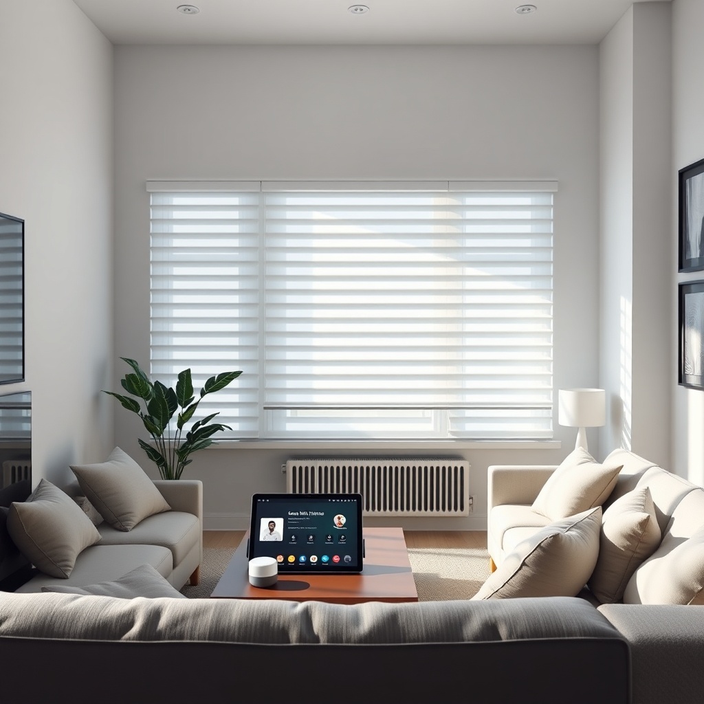 <Clean photorealistic photo of a modern living room with smart blinds integrated into Goog