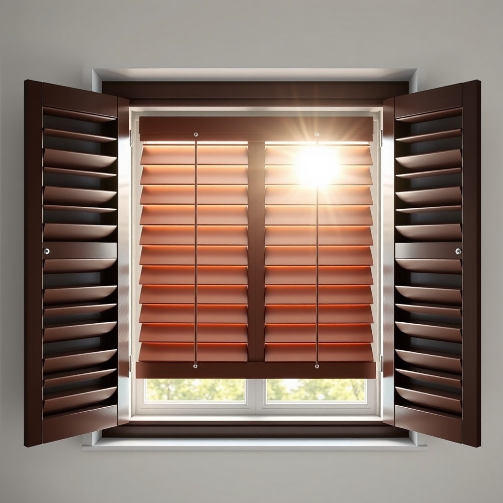 <Clean photorealistic photo of a window with PanjurPaneli shutters partially open