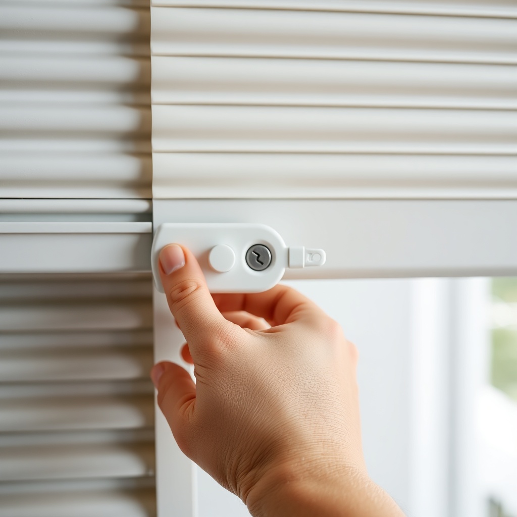 A detailed close-up photograph of a hand operating a child safety lock on a roller shutter