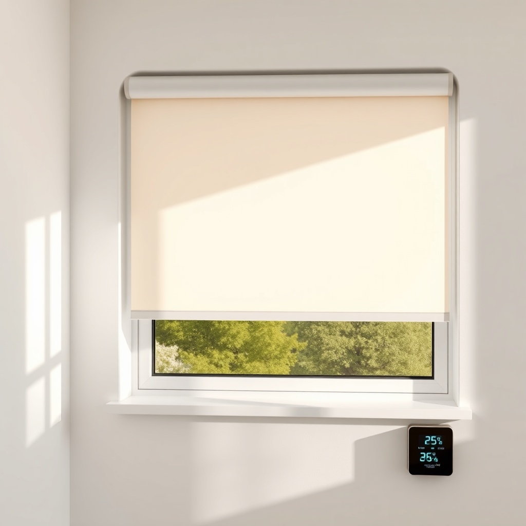 A photorealistic photo of a bright sunny room with a PanjurPaneli roller blind partially d