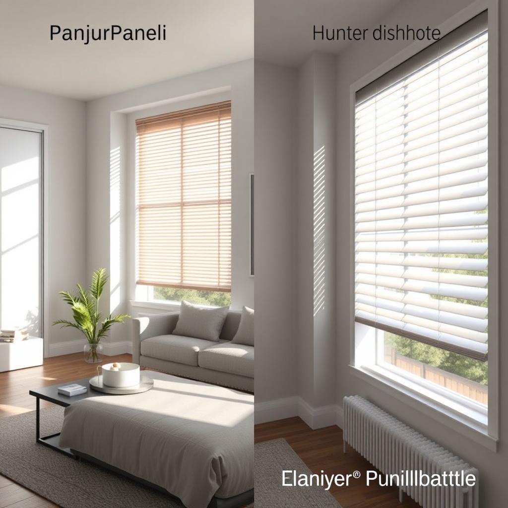 A photorealistic split-view comparison: left side shows a sleek modern room with PanjurPan