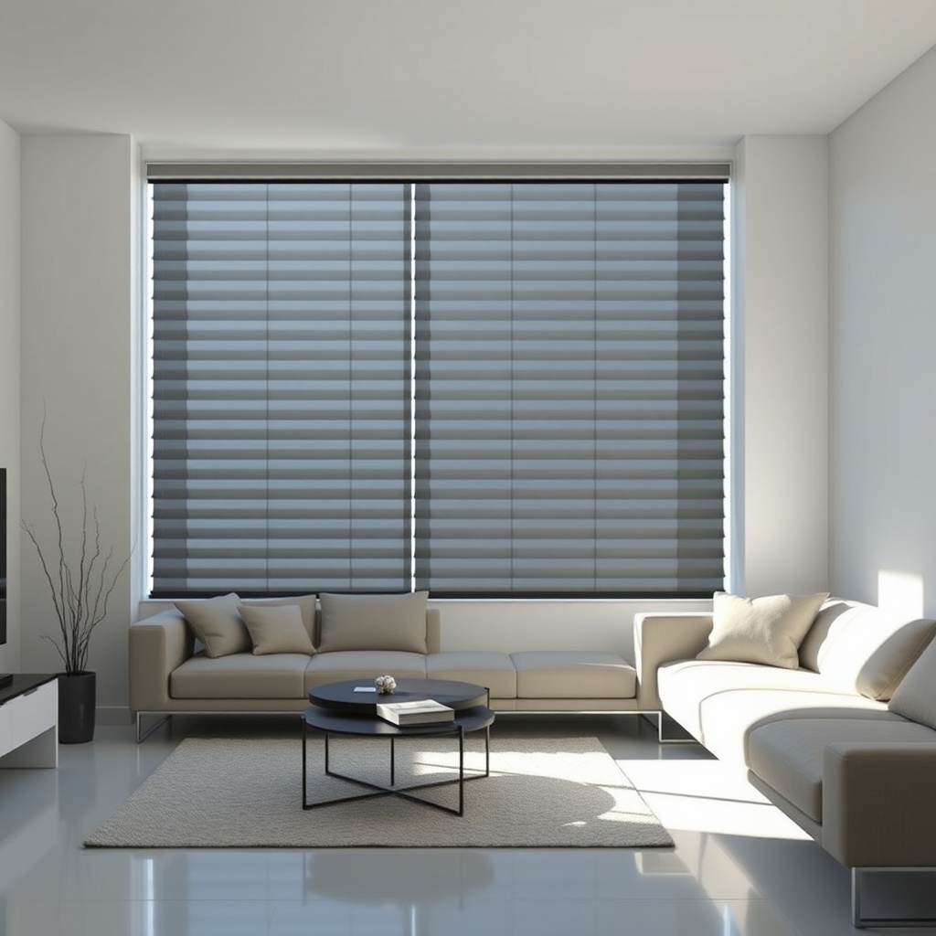 <clean photorealistic photo of a modern living room with motorized PanjurPaneli blinds par