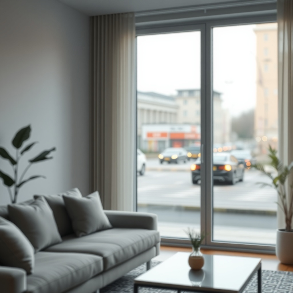 A photorealistic modern living room with PanjurPaneli installed on the window